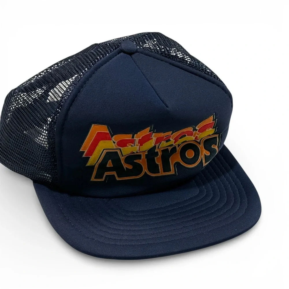 Vintage Houston Astros Trucker Hat Navy Blue Rainbow Logo‎ Snapback MLB Cap